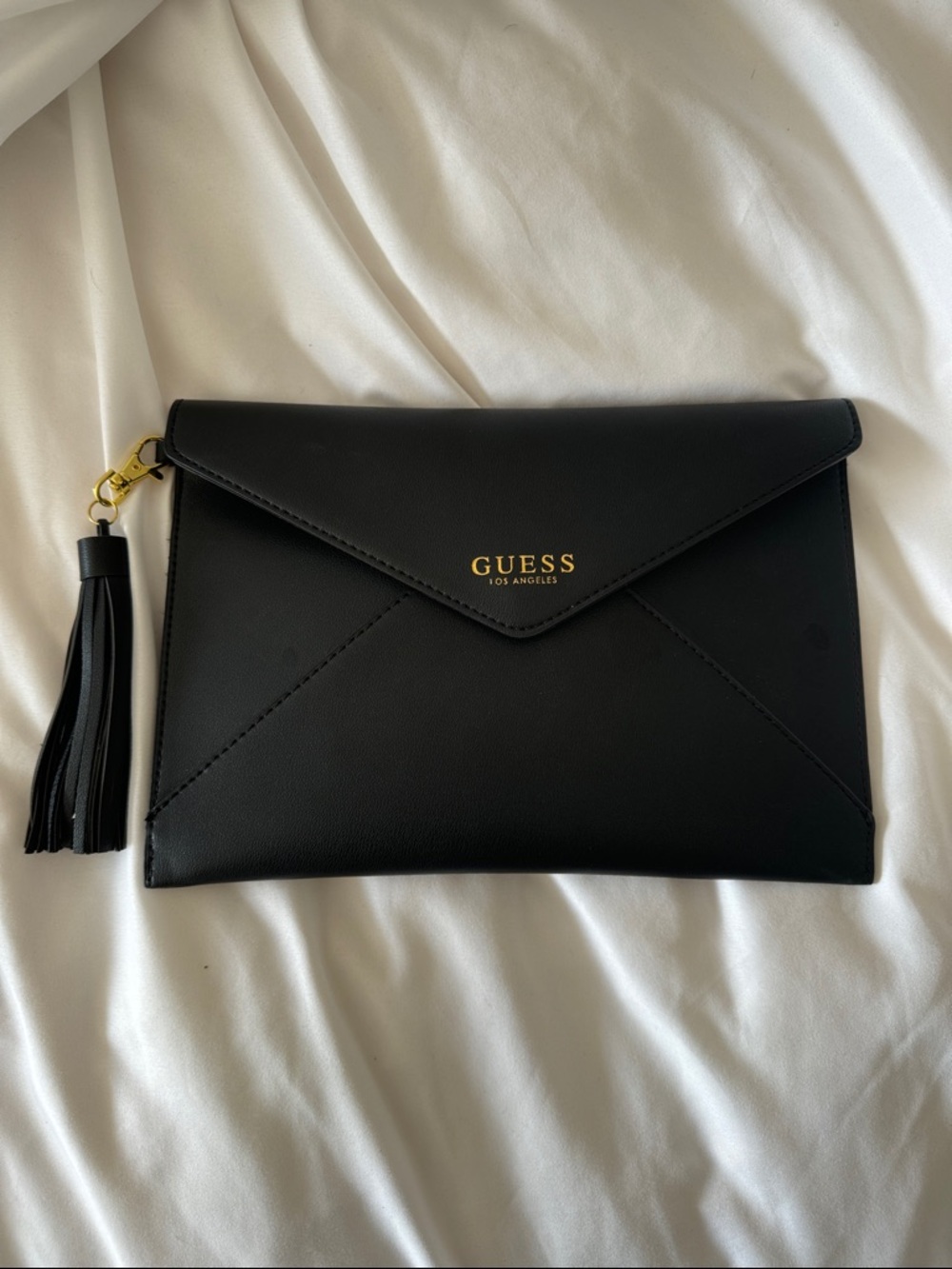 GUESS Black Envelope Clutch with Tassel Accent
